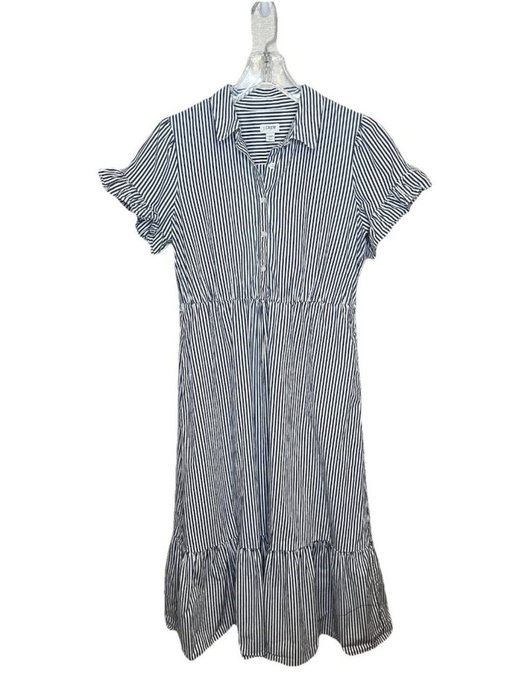 J Crew Striped Midi Shirt Dress Sz 10P Navy White Ruffle Sleeve Cotton Preppy
